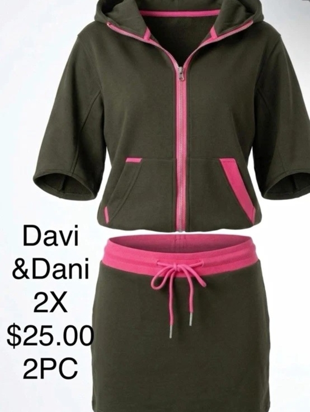 Davi & Dani Women’s Plus 2X 2pc Green/Pink Hooded Zip Hoodie & Skirt Set